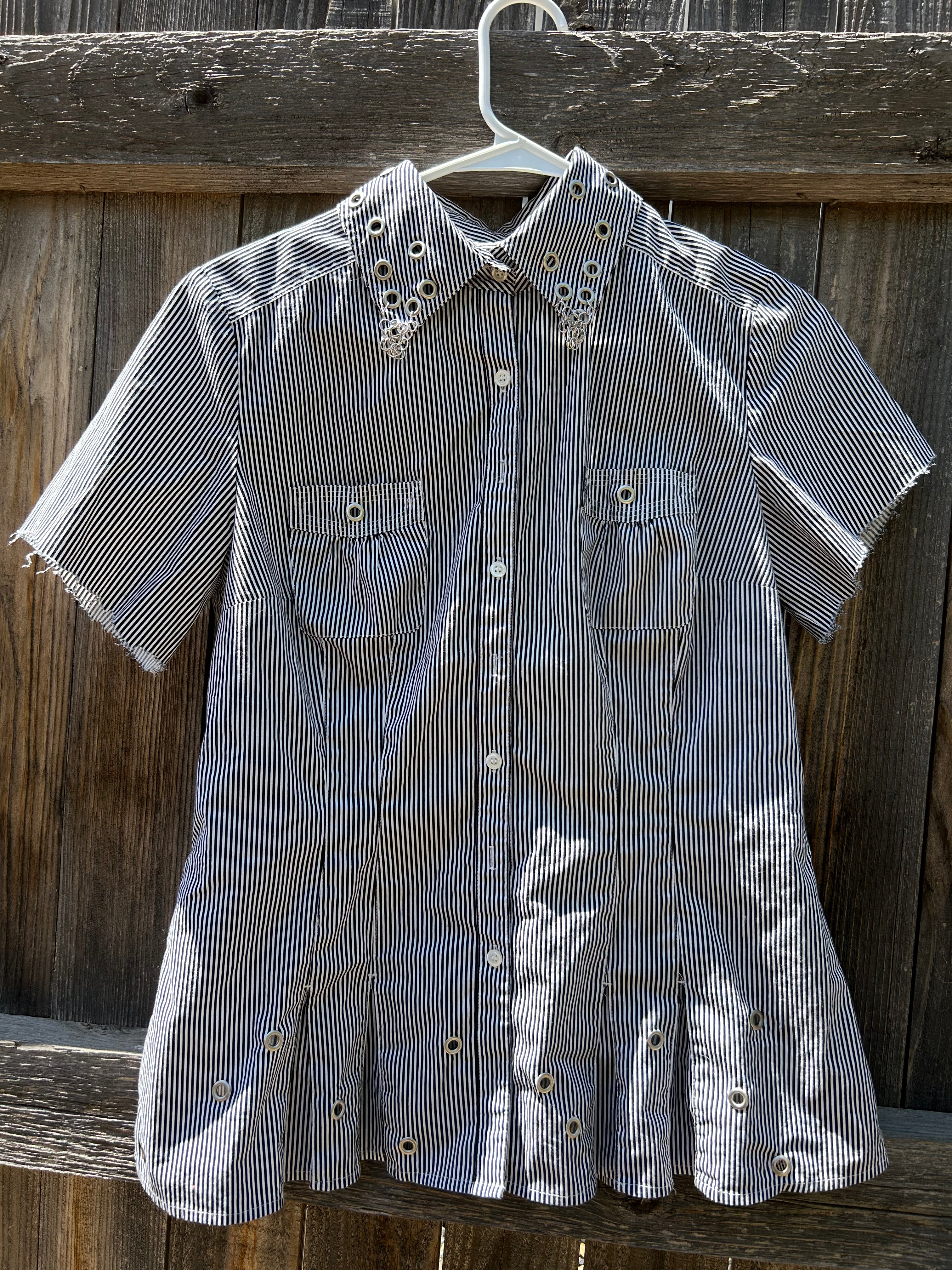 Chainmail Collar & Grommets Striped Shirt